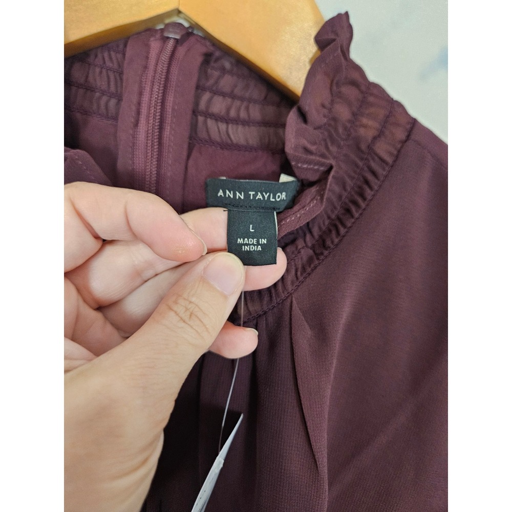 NWT Ann Taylor Blouse Size L Burgundy Smocked Mock Neck Ruffle Sheer Sleeve - Picture 4 of 8
